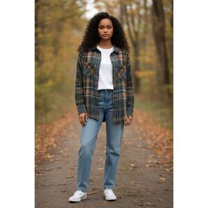 Free People Women’s M Plaid Button Down Shirt Top Linen Cotton Blend Boho